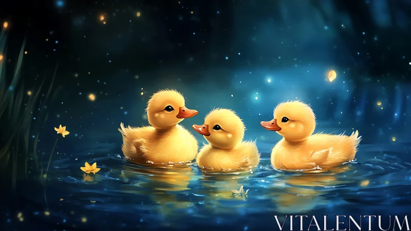 Starlit duckling trio drifting through a glowing blue pond.