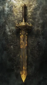 Vertical ornate sword rendering shows glowing golden blade