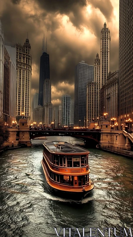 Storm-lit riverboat navigates urban canyon under dramatic clouds