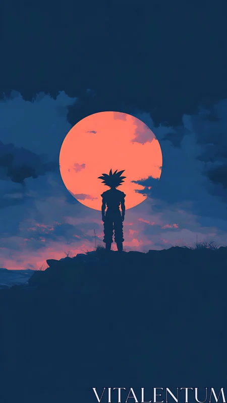 Solitary anime hero gazes at a bold glowing moonrise