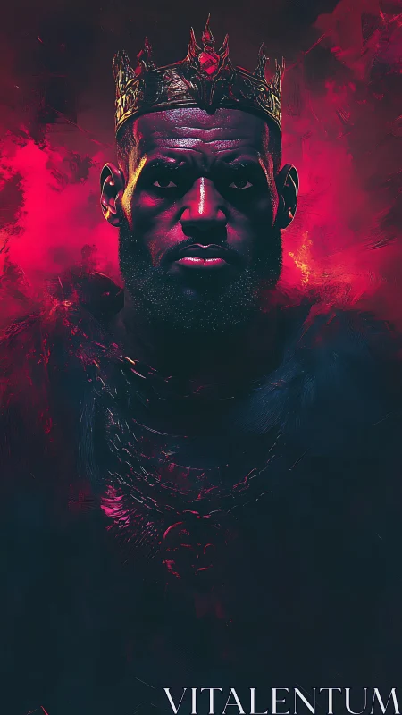 Crowned male portrait is rendered in high-contrast digital art