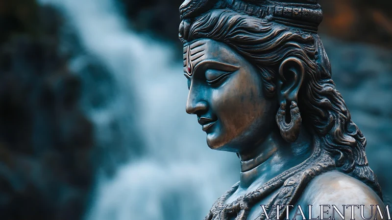 Serene bronze deity dreaming beside a rushing waterfall.