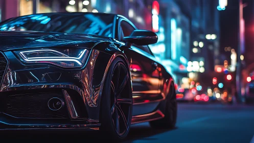 Black sedan under neon city lights at night on street.