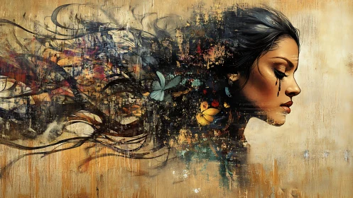 Side profile of woman merges with abstract textured fragments