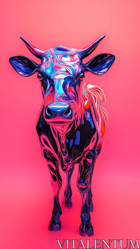 Neon chrome cow sculpture on vivid gradient pink backdrop.