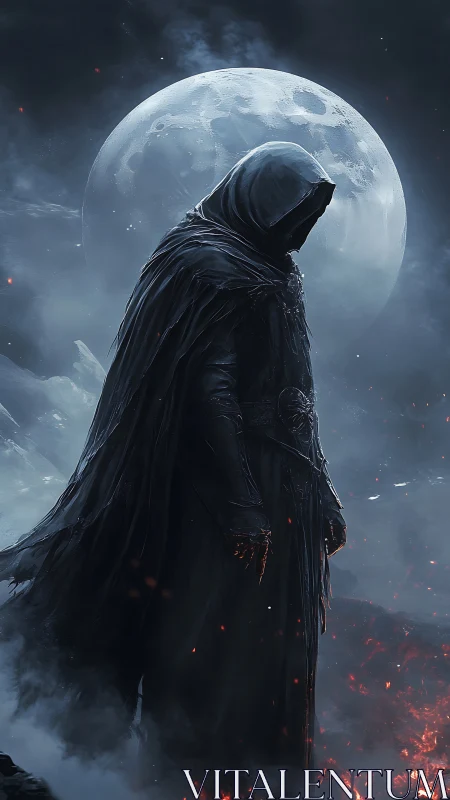 Hooded dark figure under full moon in smoky night scene.