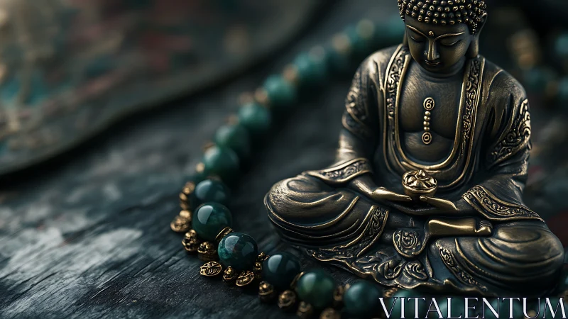 Bronze Buddha listens softly while jade prayer beads whisper