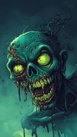 Decayed skeletal head with glowing eyes in green tones.