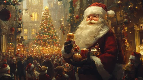 Joyful Santa delights a festive crowd beneath a glowing tree