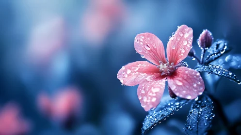Rain-kissed pink blossom glowing in a midnight blue dreamscape.