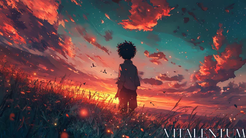 Backlit silhouette observes high-saturation sunset cloudscape motion