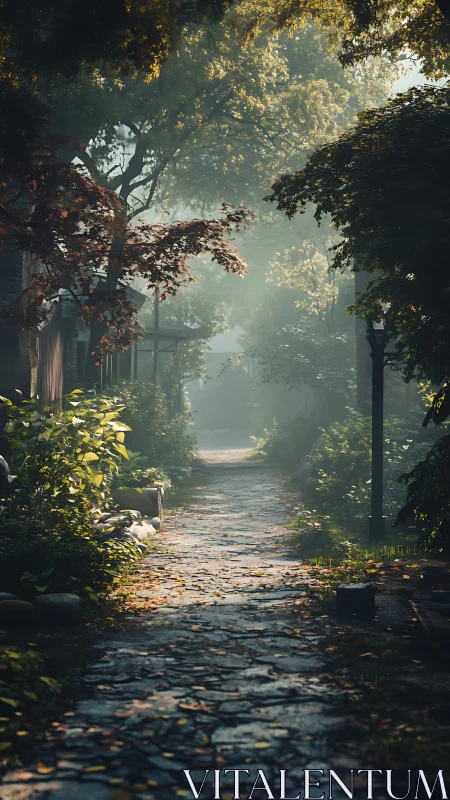 Sunlit Forest Path Through Morning Mist.