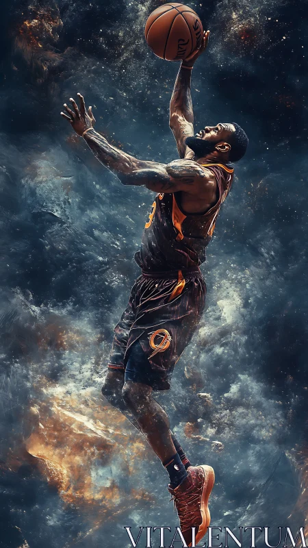 Basketball player suspended midair against abstract nebula backdrop