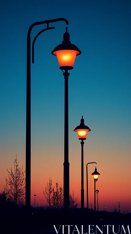 Streetlamps glow warmly against a tranquil dusk sky