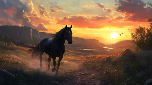 Sunlit valley path with galloping horse in painterly sunset landscape.