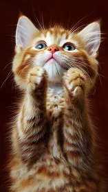 Orange tabby kitten with raised paws displaying expressive green-blue eyes