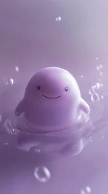 Soft lilac blob character floating in glossy liquid pool