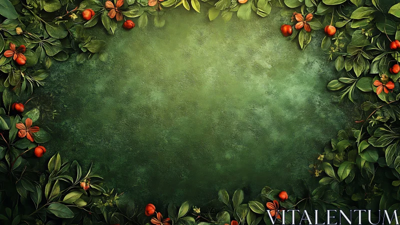 Inviting green foliage frame with tiny red garden berries.