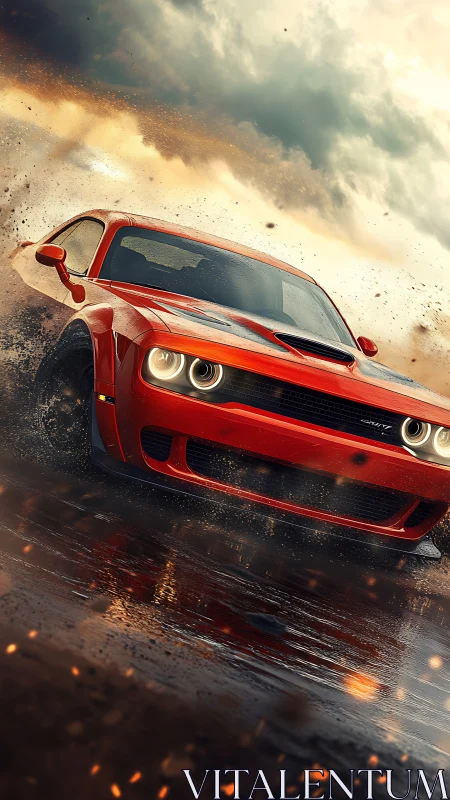 Red muscle car drifting through stormlit wet asphalt.