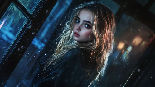 Moody blonde portrait under neon rain soaked window light.