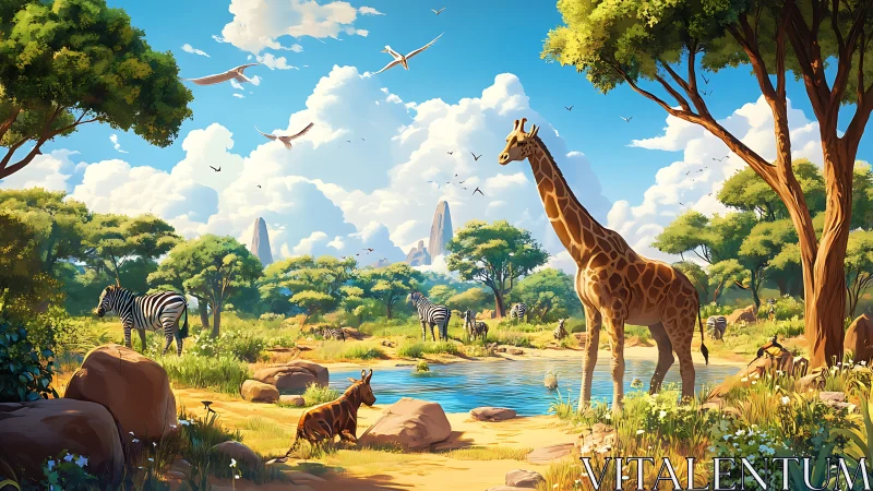 Giraffe and zebra chorus bask beneath a sunlit savanna sky