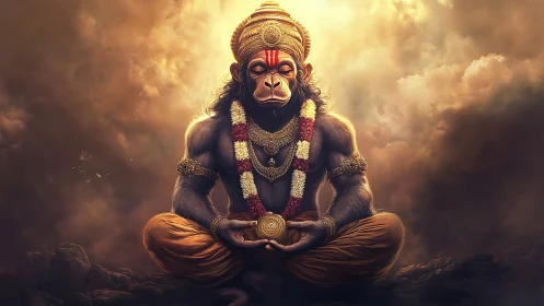 Mythic simian deity figure in meditative seated posture.