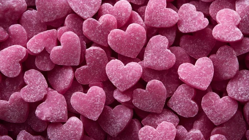 Pink sugar-coated heart-shaped confections arranged densely together.
