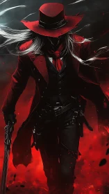 Red-coated gunslinger advances through crimson smoke field