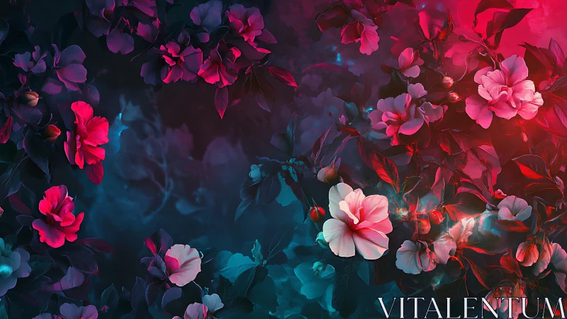 Digital rendering shows neon-lit flowers in dual color lighting