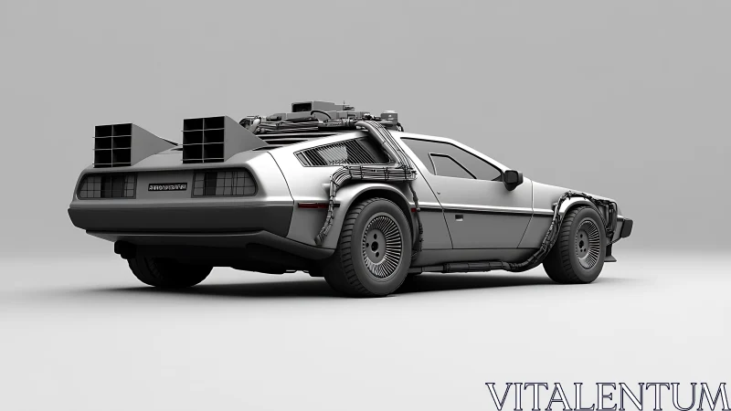 Rear three quarter view of modified stainless steel time car