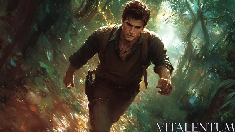 Adventurer running through dense sunlit jungle path.
