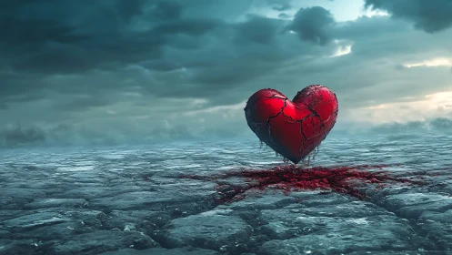 Cracked red heart on desolate stone landscape under clouds.