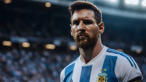 Male football player in striped jersey stands in stadium