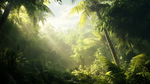 Tropical Rainforest Canopy with Crepuscular Light Rays and Verdant Palm Fronds