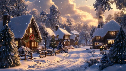 Snowy Christmas village glows under warm twilight sky.