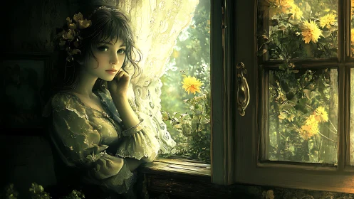 Young woman stands by lace curtained window with flowers