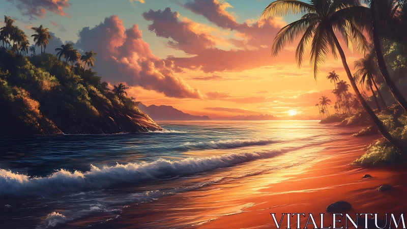 Tropical shoreline landscape under vivid sunset light.