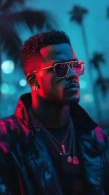 Neon-lit portrait of stylish man in sunglasses at night.