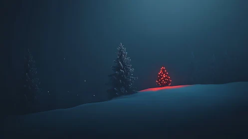 Lone red Christmas tree glowing on snowy winter hill.