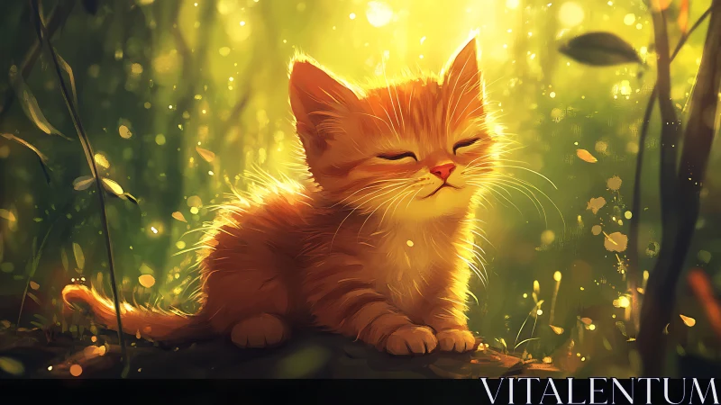 Orange tabby kitten rests peacefully in golden forest light.