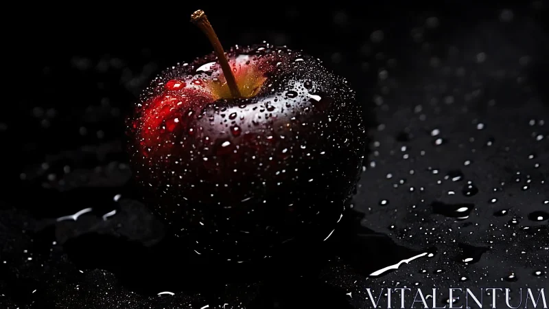 Photorealistic wet red apple on dark reflective surface.