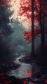Crimson Forest Dream by a Misty Stream.