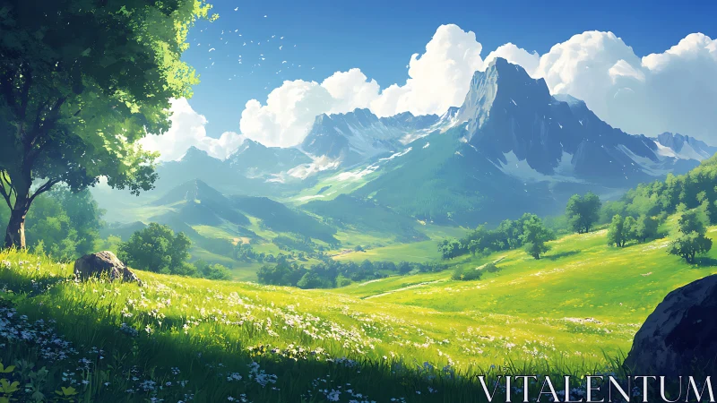 Sunlit alpine valley extends toward jagged snow-capped peaks