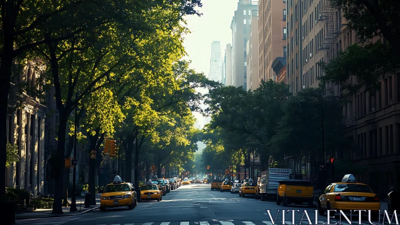 Sunlit tree canopy over axial Manhattan street corridor.