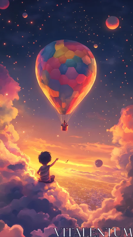Child watching colorful hot air balloon above sunset clouds