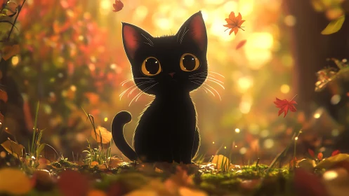Black kitten with large eyes in warm autumn light.