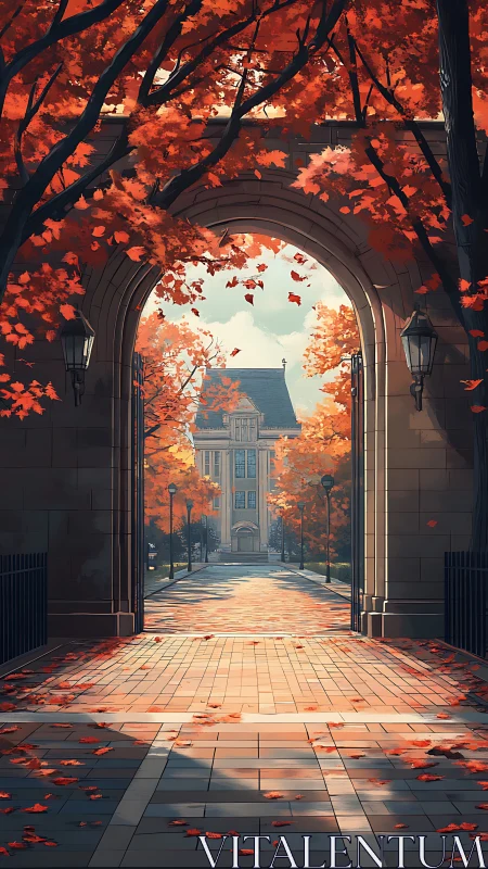 Through the stone arch, autumn campus avenue in warm light.