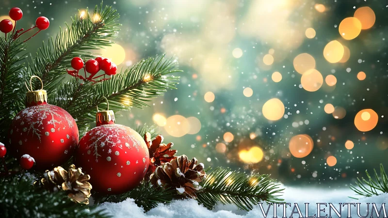 Snow dusted red baubles rest in luminous festive bokeh field