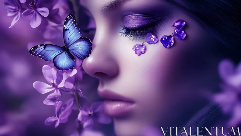 Digital portrait shows face with blue butterfly and purple petals