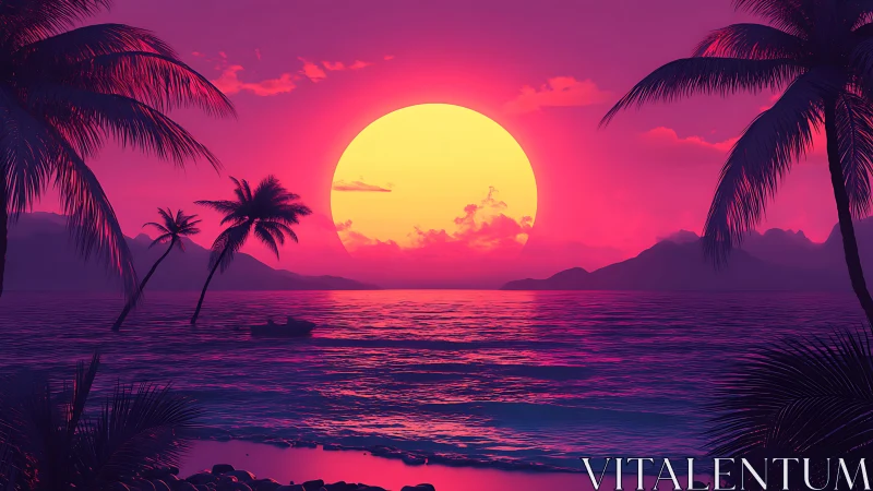 Neon tropical sunset ignites horizon over calm surf.
